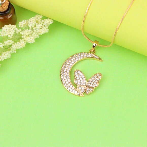 "Moon and Butterfly Rose Gold Pendant with Crystals, XPPT1219 - Picture 6 of 13